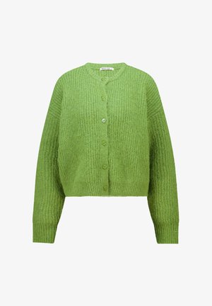 Green knitted cardigan with a round neckline, long sleeves, and five buttons down the front. Textured fabric with a soft appearance.