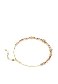 Zlata zapestnica iz verižice z izmenjujočimi se rožnatimi in svetlo rjavimi ovalnimi dragimi kamni ter tremi majhnimi cvetličnimi grozdi.