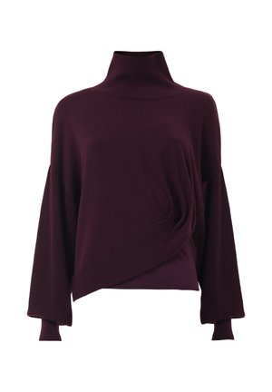 Bordeauxfarbener Strickpullover mit hohem Kragen, drapiertem Vorderteil und weiten Ärmeln. Weicher Stoff mit lässiger Silhouette.