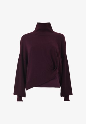 Pull en tricot bordeaux avec un col haut, un devant drapé et des manches larges. Texture douce avec une silhouette décontractée.