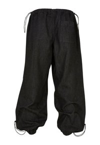 Pantaloni in denim nero con vestibilità comoda, dotati di una fascia elastica in vita, coulisse regolabili e una tasca posteriore singola. I polsini sono regolabili.