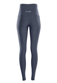 Højtaljede leggings i mørkeblå, lavet af glat, strækbart materiale. Har et logo ved taljen og et slankt, tætsiddende design.