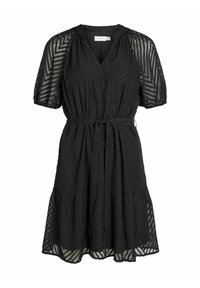 Zwarte jurk met korte, opbollende mouwen, V-hals, tailleband, gestructureerd zigzagpatroon en gelaagde rok. Vrouwelijk en casual ontwerp.