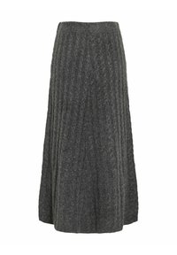 Grijze wollen midi-rok met verticale ribbelstructuur, elastische tailleband en uitlopende vorm, gemaakt van een zachte, lichte stof.