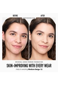 Vergelijking van de huid voor en na. Links is de huid met onzuiverheden; rechts is de egale teint na het aanbrengen van losse poederfoundation.