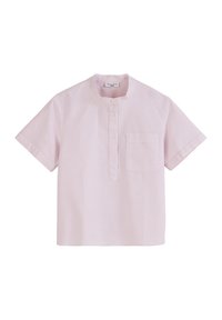 Korte mouwen, roze gestreept shirt met een Mandarin-kraag, knopenlijst aan de voorkant en een borstzak aan de linkerzijde. Zachte katoenen stof, casual ontwerp.