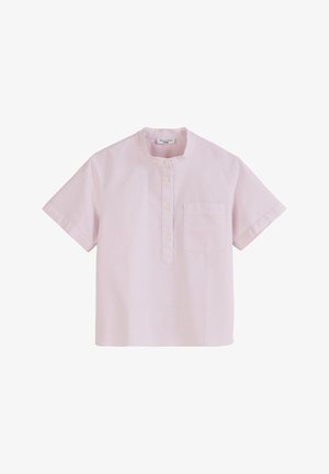 Chemise à manches courtes, rayée rose, avec col mandarin, patte de boutonnage devant et poche sur la poitrine gauche. Tissu en coton doux, design décontracté.