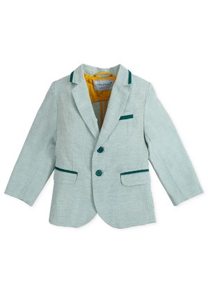 Blazer verde chiaro a righe con colletto a incrocio, due tasche frontali, dettagli turchese e fodera interna gialla. Chiusura frontale con due bottoni.