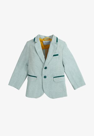 Blazer de rayas verde claro con cuello de muesca, dos bolsillos delanteros, detalles en color azul verdoso y forro interior amarillo. Cierre frontal de dos botones.