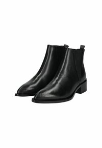 Bottines en cuir noir avec un bout pointu, des panneaux latéraux élastiques et un petit talon carré. Texture lisse avec des accents matériels minimalistes.