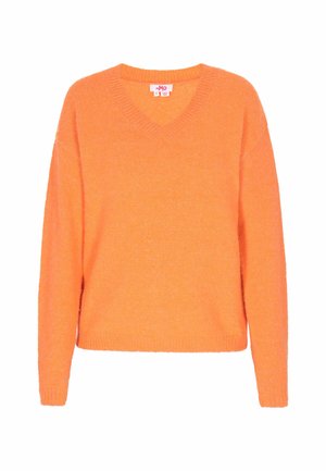 Pulover portocalie cu decolteu în V, fabricat dintr-un material moale, cu o croială lejeră, mâneci lungi și manșete și tiv cu nervuri.
