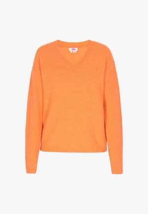 Pulover portocalie cu decolteu în V, fabricat dintr-un material moale, cu o croială lejeră, mâneci lungi și manșete și tiv cu nervuri.