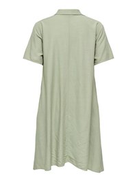 Lichtgroene, korte mouwen, knielange jurk met een kraag, gezien vanaf de achterkant op een witte achtergrond.