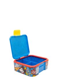 Lunchbox blu e rosso diviso con grafiche di Topolino e "Old School", coperchio aperto, che mostra due scomparti all'interno.
