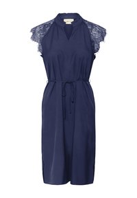 Navy blue dress with lace short sleeves, a keyhole neckline, and a drawstring waist. Smooth fabric with side slits for comfort.