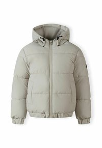 Veste doudoune gris clair avec capuche, dotée d'une fermeture éclair à l'avant, de poignets élastiqués et de deux poches latérales. Texture lisse et design matelassé.