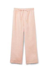Lichtroze wijde broek gemaakt van een zachte stof. Heeft een elastische tailleband met een trekkoord en omgerande boorden.