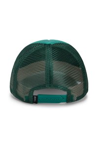 Green trucker hat featuring a solid front panel, mesh back, adjustable plastic strap, and logo tag on the side.