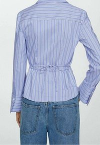 Chemise rayée bleu et blanc avec une taille cintrée, manches longues et poignets à boutons, fabriquée en tissu léger. Vue arrière mettant en valeur le design.