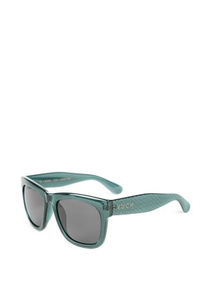 Teal sunglasses with square frames and dark grey lenses. Textured arms feature a wave pattern and "VUCH" logo in gold.