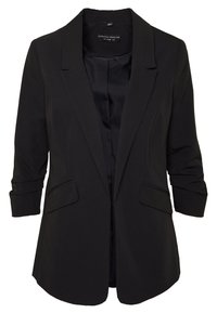 Černý blazer vyrobený z hladké látky. Disponuje zapínáním na jeden knoflík, klopami s výstřihem do písmene V a dvěma předními kapsami. Tříčtvrteční rukávy.