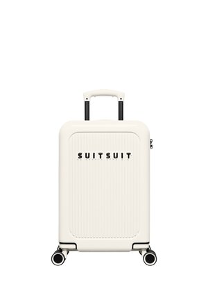 Witte harde koffer met verticale groeven, zwarte uitschuifbare handgreep, vier wielen en "SUITSUIT" logo middenvoor.