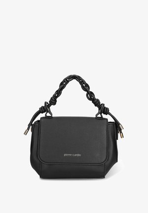 Zwarte leren handtas met een gestructureerde vorm. Voorzien van een gevlochten handvat, een voorspatel en accenten van goudkleurig beslag. Merknaam zichtbaar.