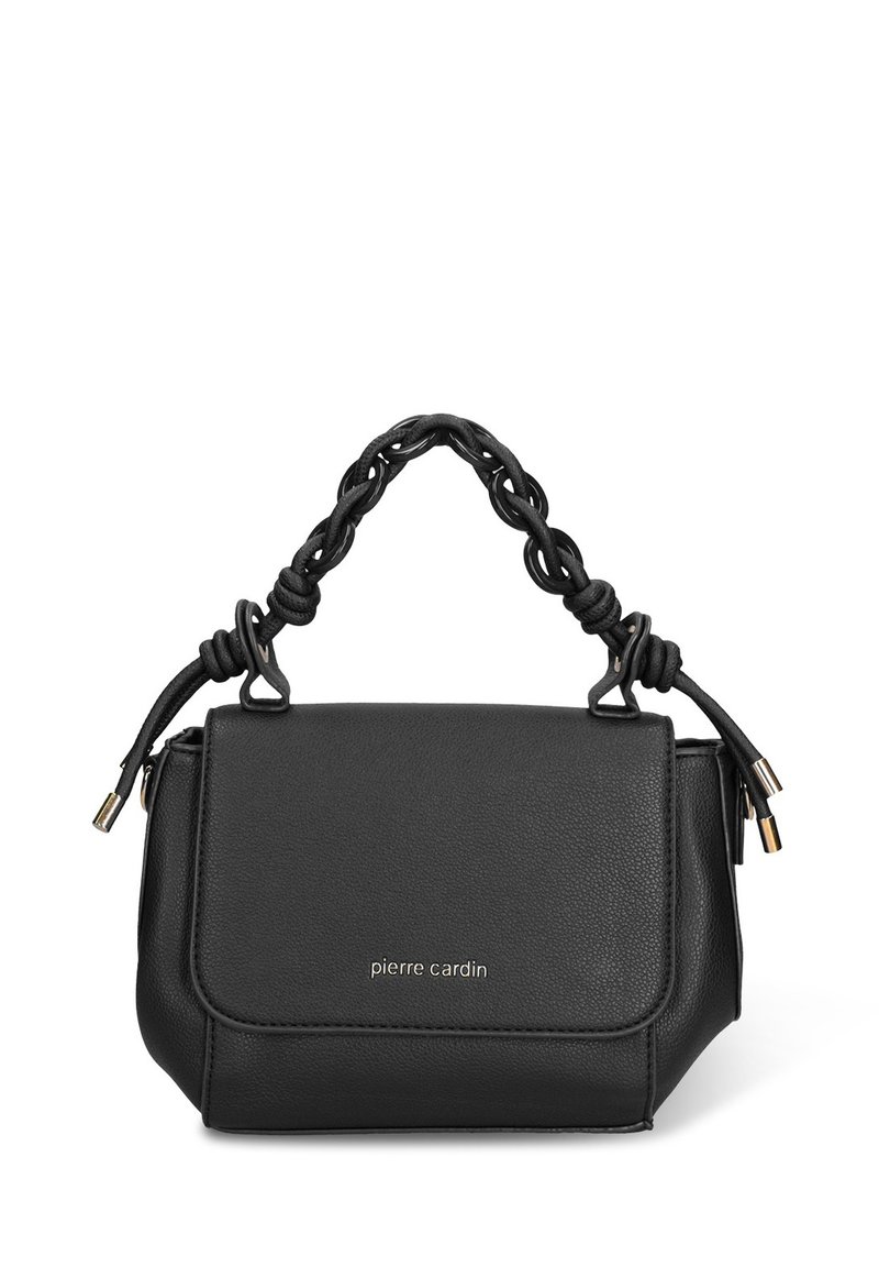 Borsa a tracolla in pelle nera con una forma strutturata. Presenta un manico intrecciato, patta frontale e dettagli in metallo dorato. Nome del marchio visibile.