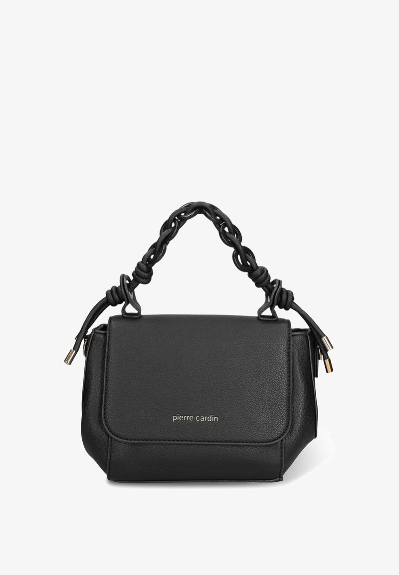 Borsa a tracolla in pelle nera con una forma strutturata. Presenta un manico intrecciato, patta frontale e dettagli in metallo dorato. Nome del marchio visibile.