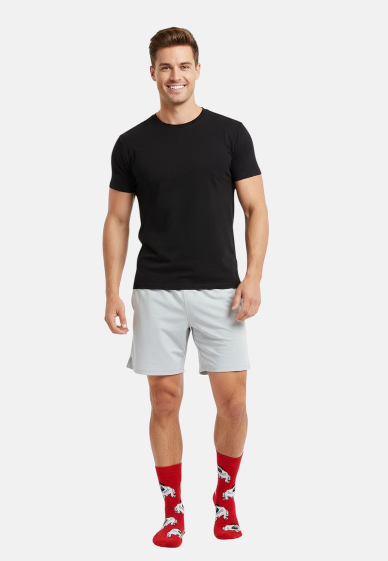 Sort kortærmet t-shirt, lysegrå shorts og røde sokker med hestemønster. Simpelt design, ensfarvede farver og afslappet pasform.