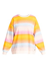 Sudadera a rayas colorida con tonos amarillos, rosas y azules, fabricada en un material suave con un cuello y puños acanalados.