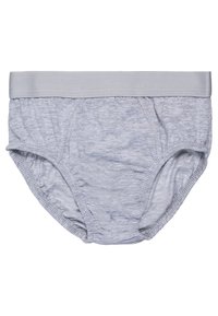 Pilkos medvilnės apatinės kelnaitės su lygiu, elastingu juosmeniu ir surinktomis šoninėmis dalimis, užtikrinančiomis tvirtą prigludimą, pasižyminčios minkšta, melioruota tekstūra.