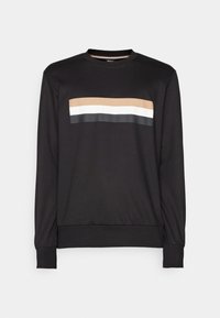 Svart sweatshirt med långa ärmar och rund halsringning med ett horisontellt randigt mönster i beige, vitt och grått över framsidan.
