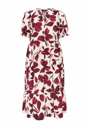 Witte midi-jurk met grote donkerrode bloemenprint, korte pofmouwen met elastische manchetten en een gelaagde rok.