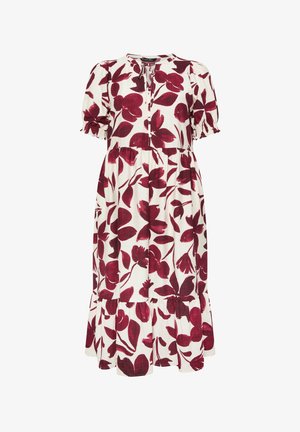 Robe midi blanche avec un grand imprimé floral rouge foncé, manches courtes bouffantes avec poignets élastiques, et jupe à volants.