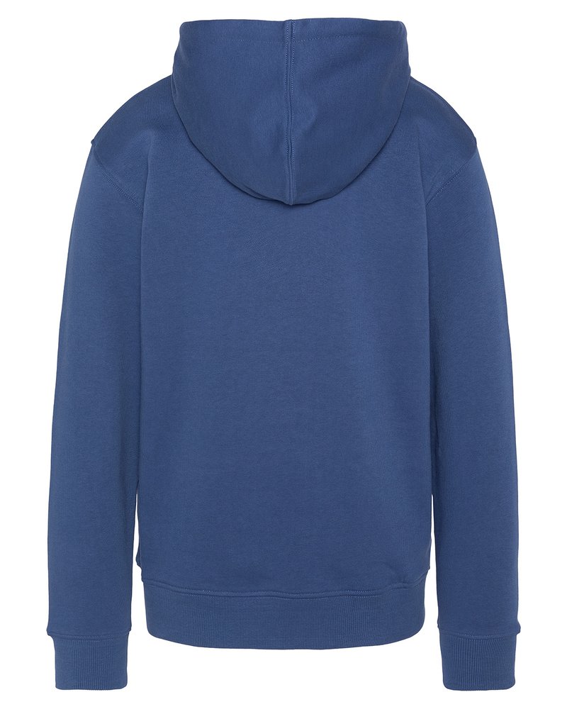 Felpa con cappuccio blu, maniche lunghe, polsini e bordo a coste; texture liscia; design semplice senza grafiche o decorazioni aggiuntive.
