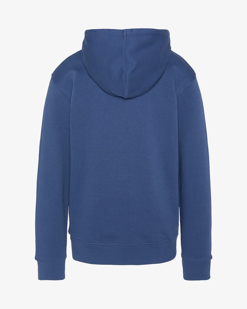 Felpa con cappuccio blu, maniche lunghe, polsini e bordo a coste; texture liscia; design semplice senza grafiche o decorazioni aggiuntive.