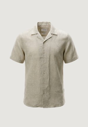 Camicia beige da uomo a maniche corte con bottoni e colletto camp, realizzata in tessuto leggero di lino.