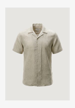 Camicia beige da uomo a maniche corte con bottoni e colletto camp, realizzata in tessuto leggero di lino.