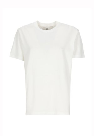 T-shirt blanc uni à manches courtes et col rond, avec un logo en relief discret sur la poitrine, présenté sur un fond uni.