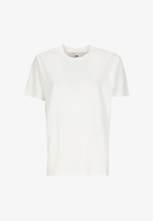 T-shirt blanc uni à manches courtes et col rond, avec un logo en relief discret sur la poitrine, présenté sur un fond uni.