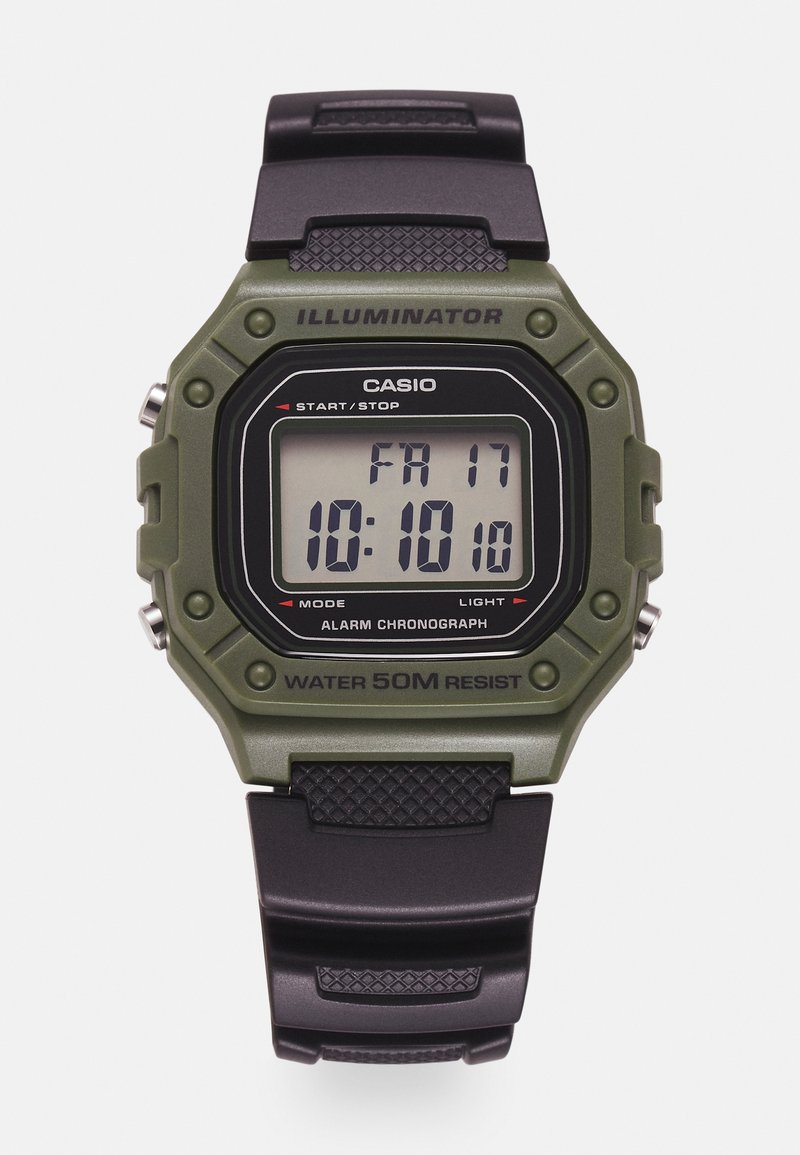 Orologio digitale con cassa in resina verde, cinturino in gomma nera e display LCD che mostra ora e data. Include un allarme e resistenza all'acqua.