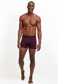 Burgundy boxer briefs with a black waistband, featuring a smooth texture and fitted design, worn by a male model standing barefoot.