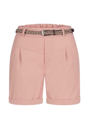 Roze op maat gemaakte korte broek met een opgerolde zoom, voorzien van plooien aan de voorkant en een gevlochten bruine riem met een zilveren gesp. Gladde stoftextuur.