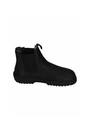 Black leather slip-on ankle boot with elastic side panels, pull tabs at front and back, and rugged rubber sole.