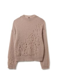 Maglione lavorato a maglia di un morbido rosa chiaro, con scollatura rotonda e design ad intaglio, caratterizzato da un motivo in pizzo diagonale e polsini e orlo a coste.