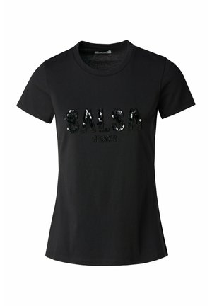Camiseta de algodón negra con mangas cortas, que presenta el texto "SALSA JEANS" en lentejuelas de patrones multicolores en el frente. Cuello redondeado.