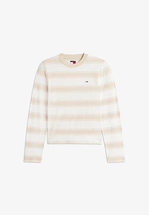 Beżowo-biała koszula w paski z długim rękawem, okrągłym dekoltem i małym prostokątnym logo na lewej piersi.