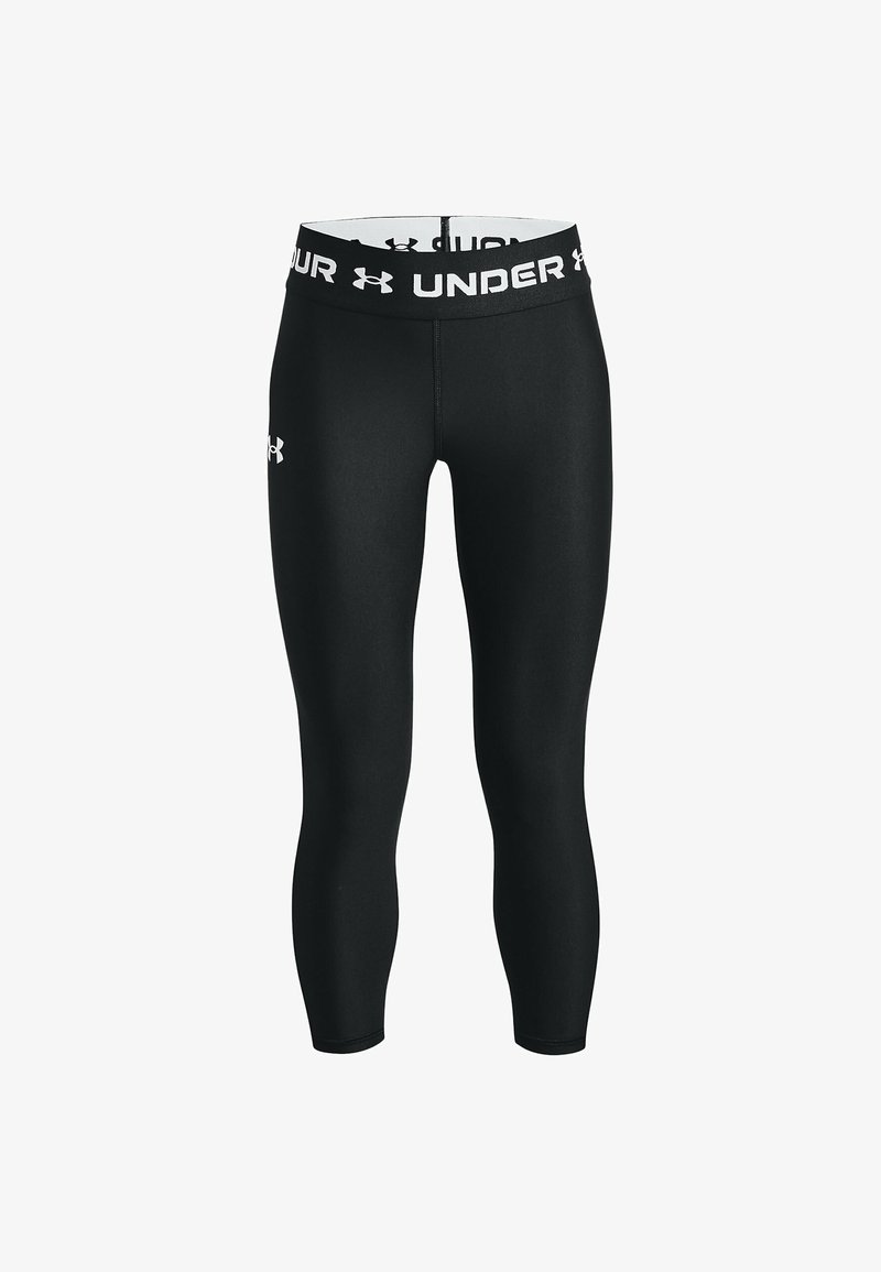Juodos sportinės legging'os su aukštu juosmeniu. Pagamintos iš tamprios medžiagos, turi baltą "UNDER ARMOUR" logotipą ant klubų ir juosmens.