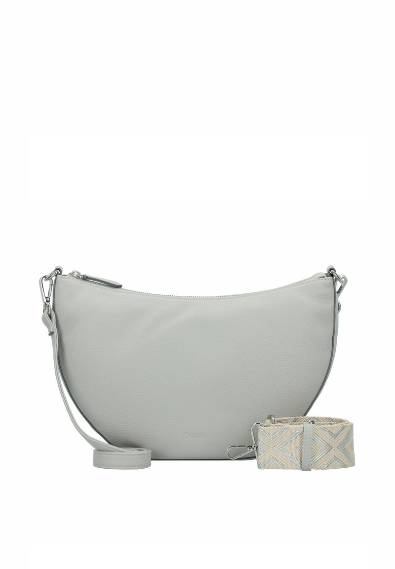 Borsa a spalla in pelle grigia con design arrotondato, chiusura con zip e tracolla staccabile con motivo in crema e beige. Presenta accessori in argento.